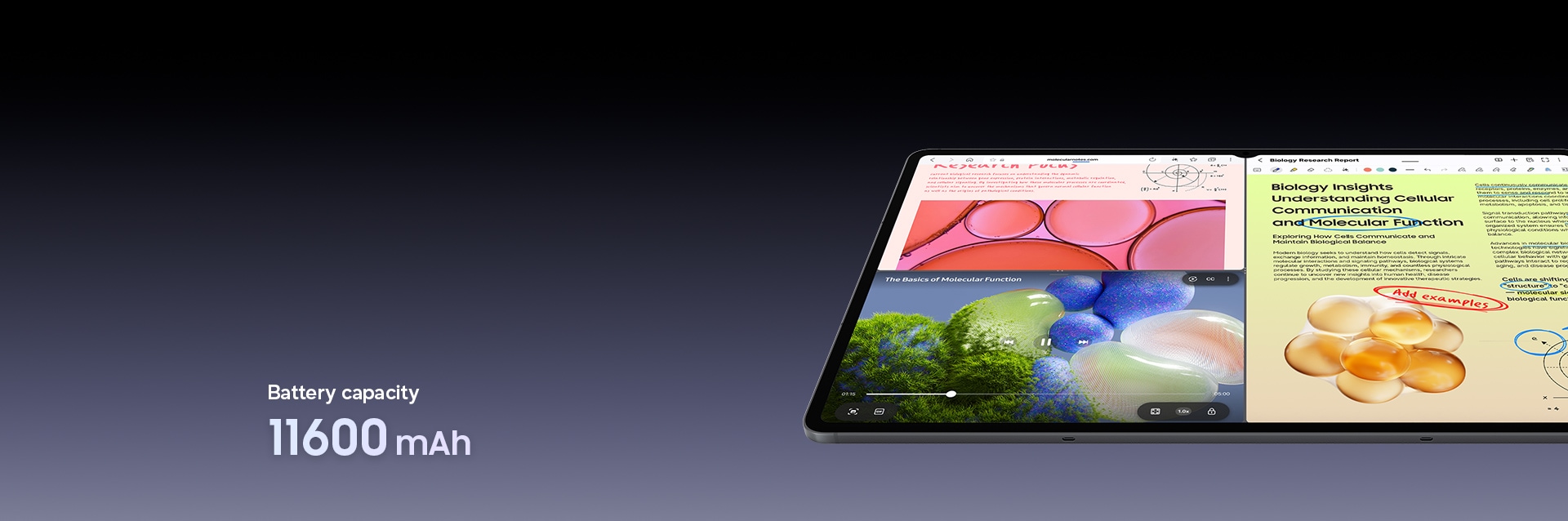 Galaxy Tab S12 Ultra displaying a three-way split window view with different studying materials to emphasize the long-lasting battery. Battery capacity is 11600 mAh.