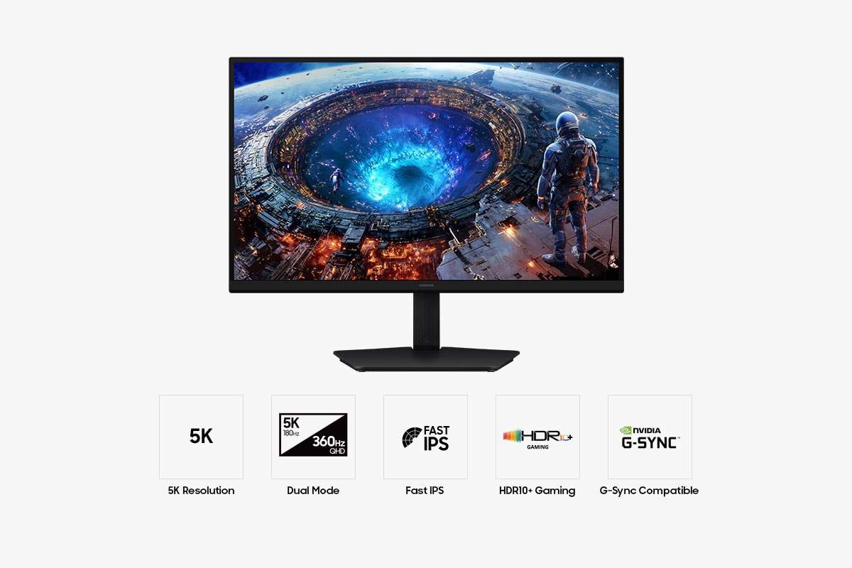 Предна част на Samsung Odyssey G8 с пет икони за 5K Resolution, Dual Mode, Fast IPS, HDR10+ Gaming и G‑Sync Compatible.
