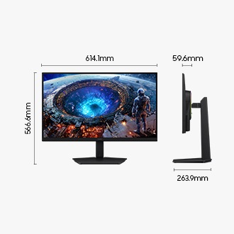 Размери на Samsung Odyssey G8 (614.1 × 566.6 × 263.9 mm) със стойка и дълбочина на екрана 59.6 mm без стойка.