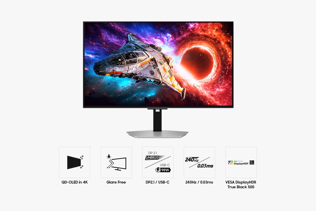 Предна част на 32-инчовия Samsung Odyssey OLED G8 с пет икони за QD‑OLED 4K, Glare Free, DP2.1/USB‑C, 240Hz и 0.03ms, и VESA DisplayHDR True Black 500.