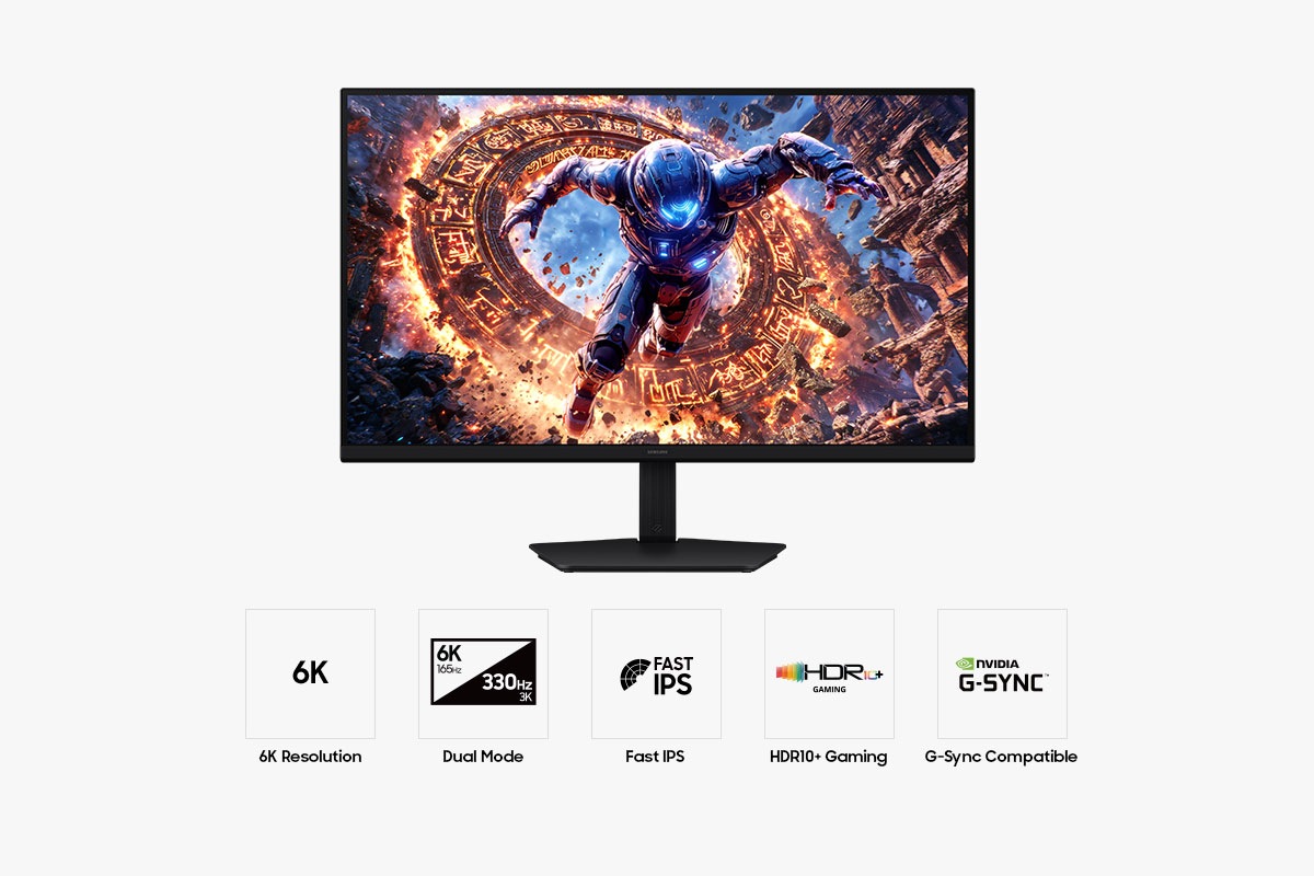Предна част на Samsung Odyssey G8 с пет икони за 6K Resolution, Dual Mode, Fast IPS, HDR10+ Gaming и G‑Sync Compatible.