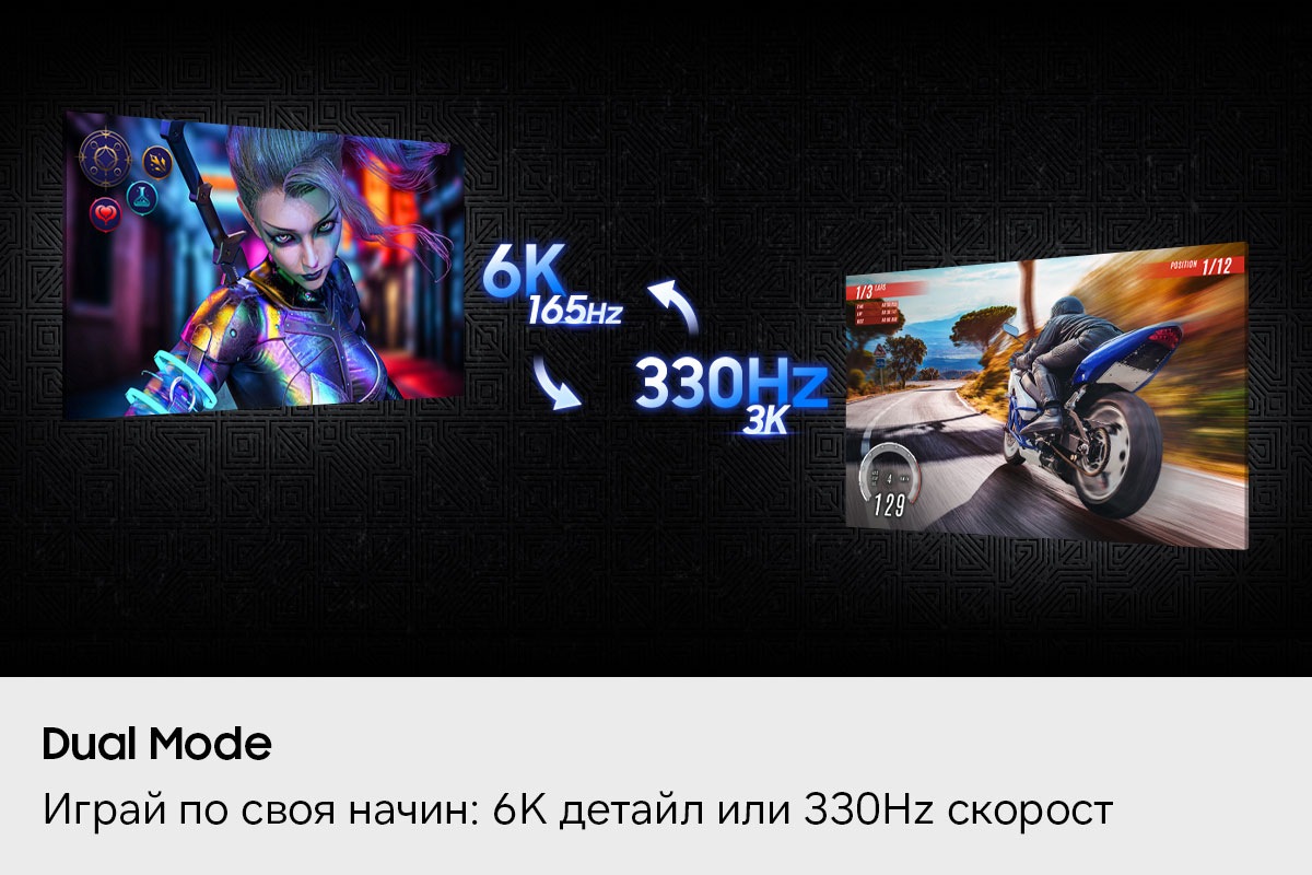 Dual Mode. Играй по своя начин – 6K детайл или 330Hz скорост. Два екрана показват различни игри: едната е в 6K и 165Hz, а другата – в 3K и 330Hz.
