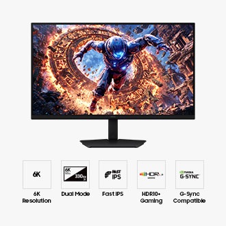 Предна част на Samsung Odyssey G8 с пет икони за 6K Resolution, Dual Mode, Fast IPS, HDR10+ Gaming и G‑Sync Compatible.