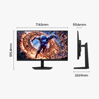 Размери на Samsung Odyssey G8 (714.5 × 595.4 × 263.9 мм) със стойка и дълбочина на екрана 59.6 мм без стойка.