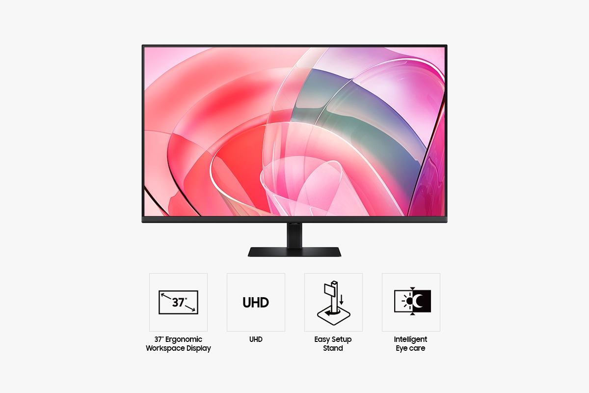Лицето на 37-инчов Samsung ViewFinity S8 S80D показва екран с абстрактни цветни шарки и четири икони за функции, свързани с 37-инчовия монитор – Ergonomic Workspace Display, UHD Resolution, Easy Setup Stand и Intelligent Eye Care.