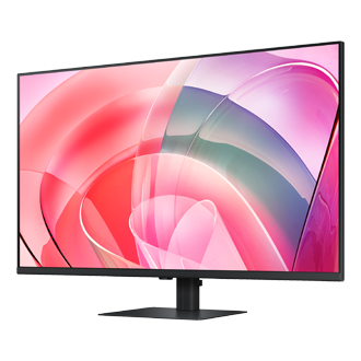 Предна дясна перспектива към 37-инчов Samsung ViewFinity S8 S70D с екран, който показва абстрактни цветни шарки.