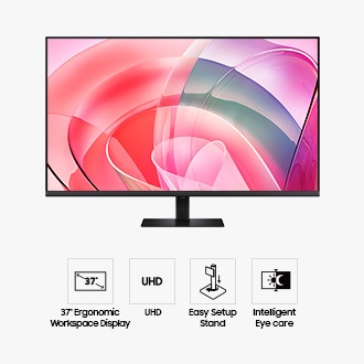 Лицето на 37-инчов Samsung ViewFinity S8 S80D показва екран с абстрактни цветни шарки и четири икони за функции, свързани с 37-инчовия монитор – Ergonomic Workspace Display, UHD Resolution, Easy Setup Stand и Intelligent Eye Care.