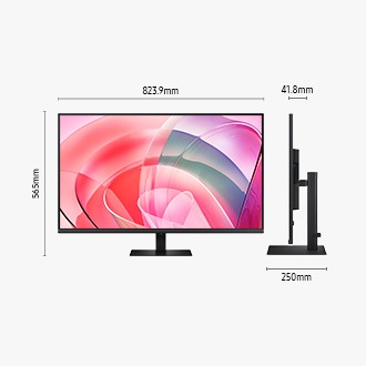 Размери на 37-инчовия Samsung ViewFinity S8 S70D (823,9 x 565 x 250 мм) с черна стойка и дълбочина на екрана от 41,8 мм без стойката. Екранът показва абстрактни цветни шарки.
