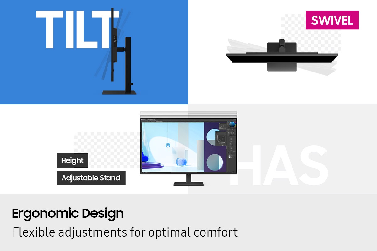 Ergonomic Design. Гъвкави настройки за оптимален комфорт. Монитор се накланя, а до него – друг монитор се завърта. Под двата монитора има трети, който се движи нагоре и надолу, и е с надпис „Стойка с регулируема височина“.