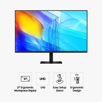 Лицето на 37-инчов Samsung ViewFinity S8 S80D показва екран с абстрактни цветни шарки и четири икони за функции, свързани с 37-инчовия монитор – Ergonomic Workspace Display, UHD Resolution, Easy Setup Stand и Ergonomic Design.