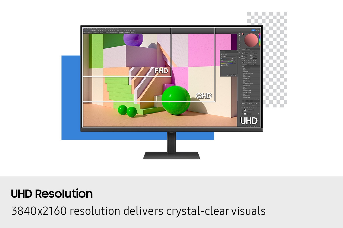 UHD резолюция. Разделителната способност от 3840x2160 осигурява кристалноясна картина. Екранът на монитора показва софтуер за редактиране на снимки с FHD, QHD и UHD, който показва каква част от изображението е видима при всяка резолюция.