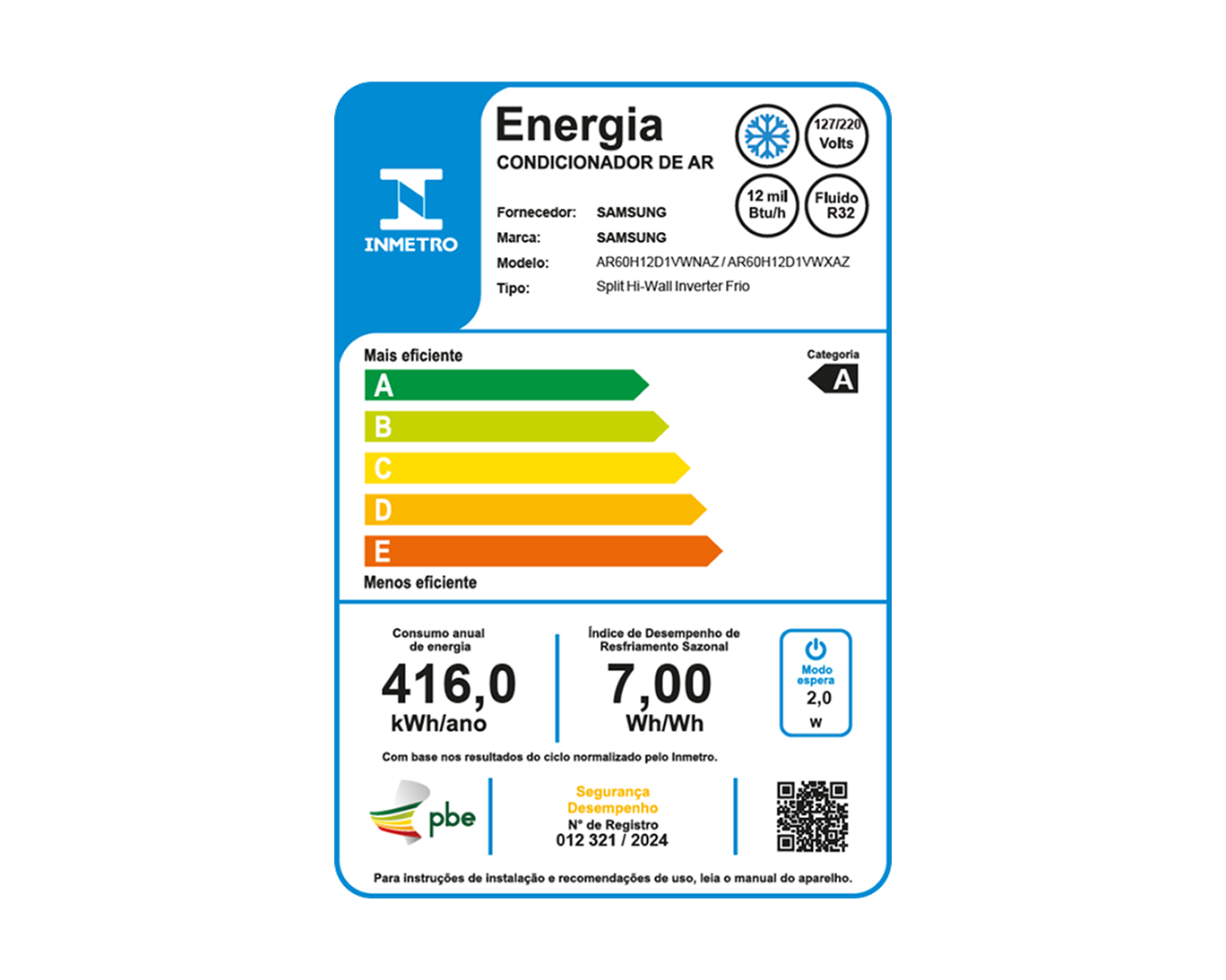 Ar-condicionado Split Inverter WindFree AI PowerVolt 12.000 BTUs Frio F-AR60H12D1VW Awesome White