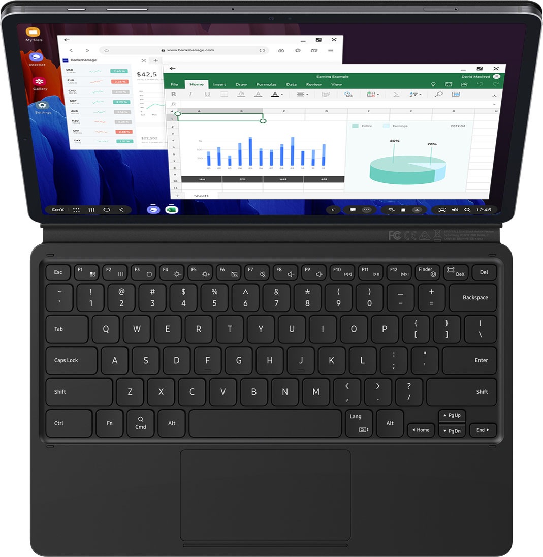 When the magnetic BookCover Keyboard is attached to Galaxy Tab S7+, you can simply press the DeX hotkey to complete your PC-like experience