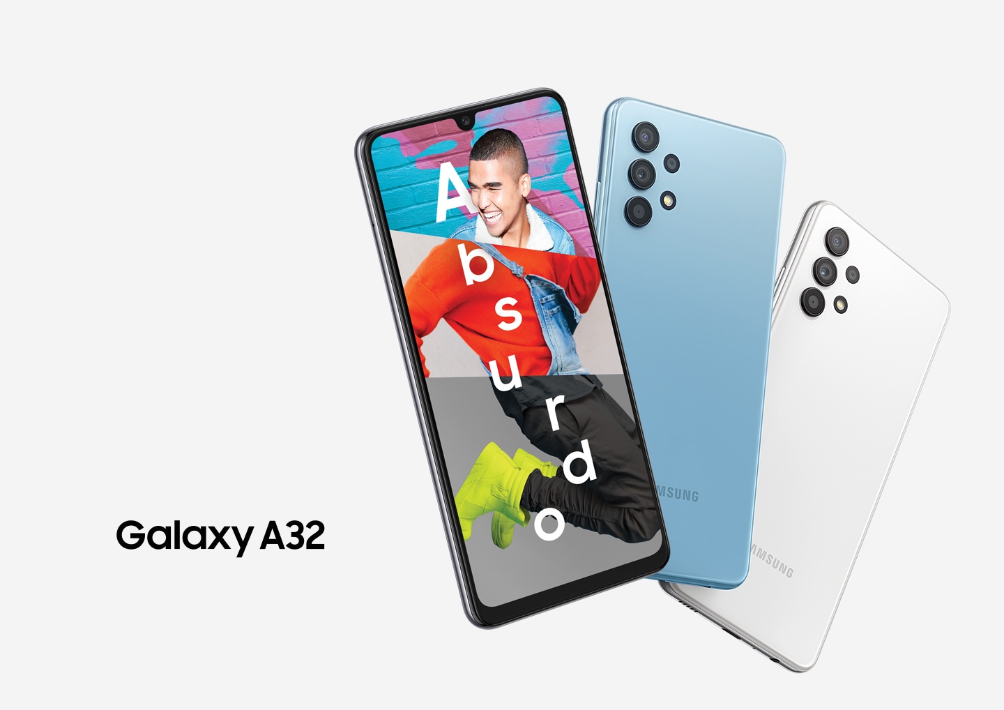 Galaxy A32 Key visual comes out in three devices with its official logo on the side. On the screen, an excited young man hop on where he is standing, surrounding the text of `Awesome` on him.