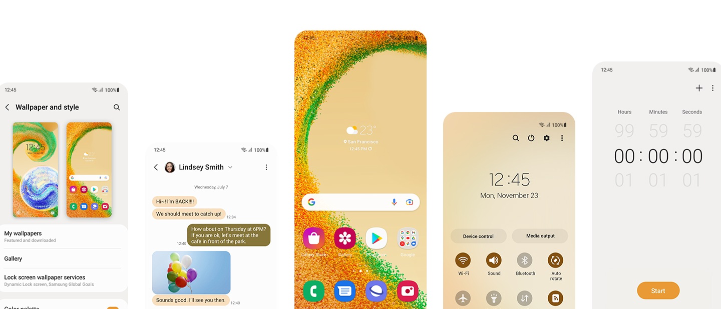 Cinco telas diferentes do Galaxy A04s mostrando um conjunto personalizado de cores e aparência usando o One UI 4.1 Da esquerda para a direita, as telas mostram: o Wallpaper e o menu de estilo nas configurações, uma conversa de mensagem de texto com bolhas de texto personalizadas nas cores laranja e marrom, uma Tela Inicial personalizada, um menu de Configurações Rápidas personalizado e uma tela Timer personalizada. 