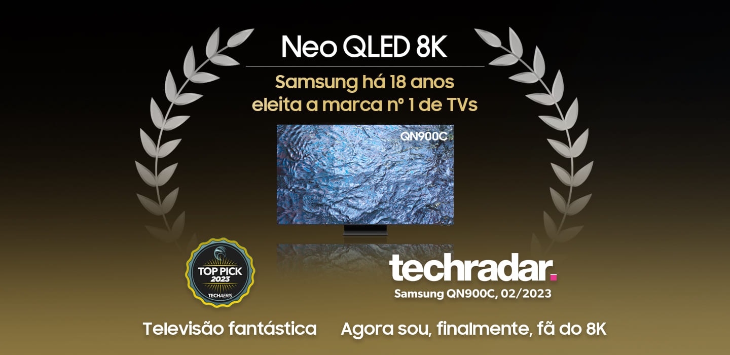 Samsung Neo QLED 8K QN900C with award logos that it has received from Techradar and TECHAERIS.