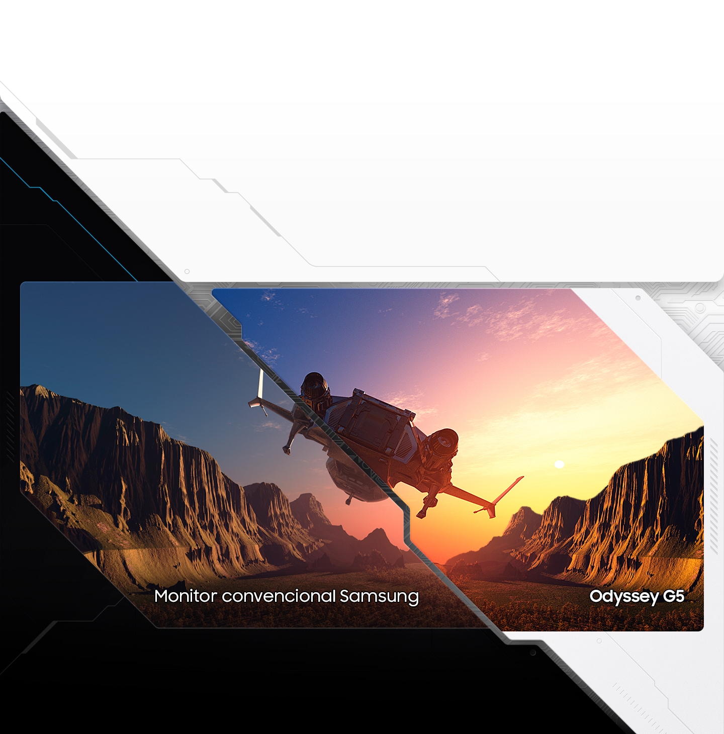 O monitor é dividido em dois para mostrar a diferença entre a faixa de cores normal do monitor convencional da Samsung e o alto contraste do Odyssey G5 para detalhes mais vibrantes e perceptíveis.