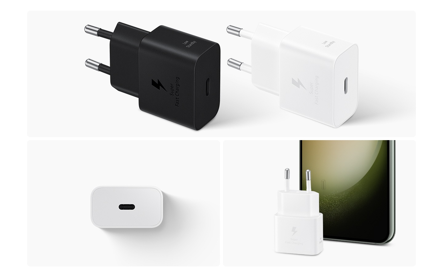 Na parte superior, dois Adaptadores de Alimentação, um preto e um branco, são exibidos. Na parte inferior esquerda, um Adaptador de Alimentação branco exibe o lado com a porta USB-C. Na parte inferior direita, um Adaptador de Alimentação branco é posicionado em frente a um smartphone Galaxy. 