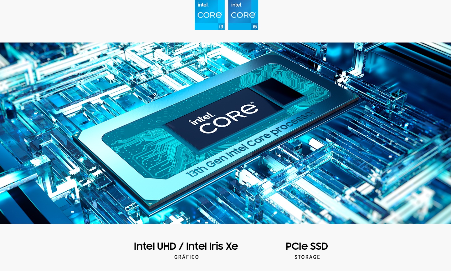 O processador Gen Intel® Core™ de 13ª geração está na placa mãe com o texto  intel® Core™ no centro. Intel Xe / UHD / Arc Graphics. Armazenamento PCIe SSD. Os logotipos Intel Core i7, intel Core i5, intel Core i3, intel Inside e intel ARC Graphics são exibidos.