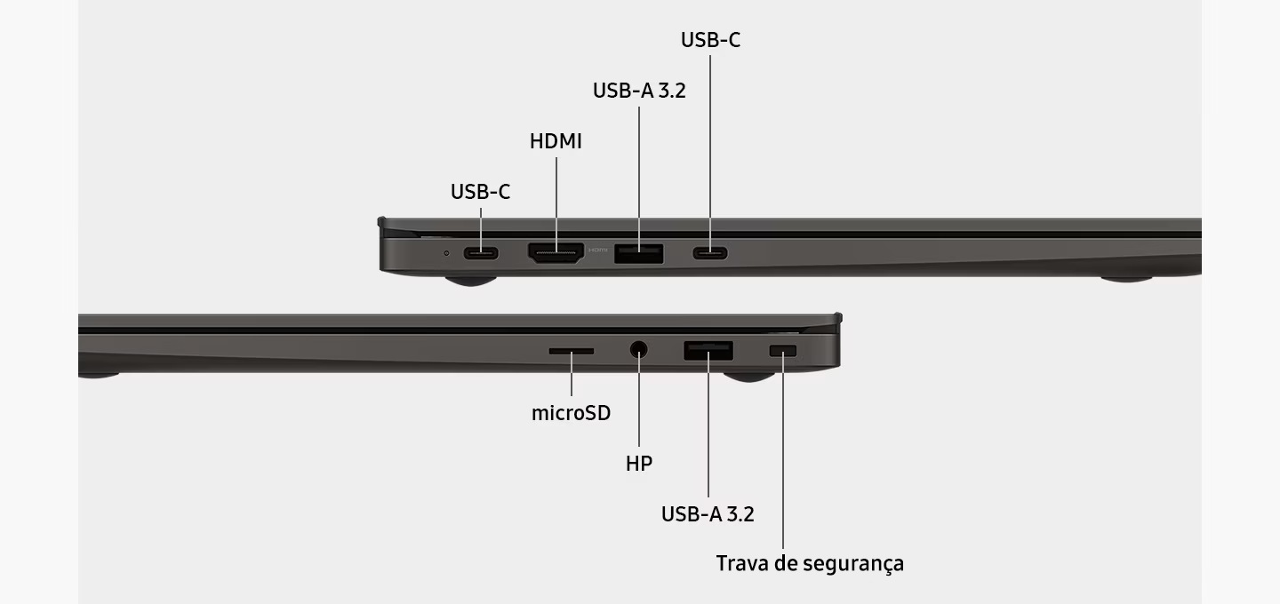 Dois dispositivos Galaxy Book3 são exibidos um em cima do outro, posicionados da esquerda para a direita para destacar o layout da porta. As portas estão rotuladas "HDMI. USB-C. USB-A 3.2. microSD. HP. Porta de segurança”