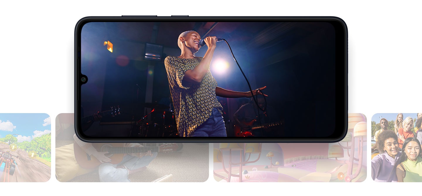 Galaxy A05 in landscape mode shows a female artist singing into a mic in a dark studio. Below and behind the Galaxy A05 are numerous translucent images showing gaming, animation, family photographs and guitar tutorials.