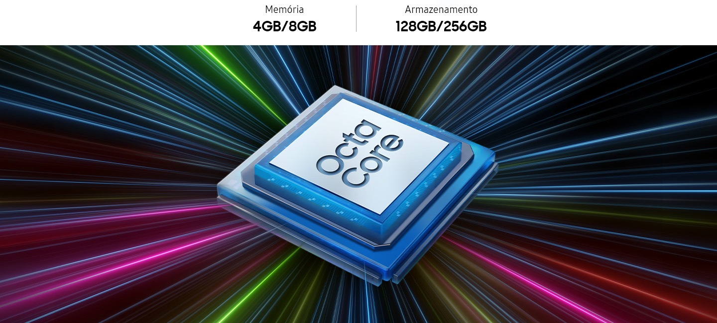 Um microchip azul com a parte central branca mostra o texto “Octa Core” no centro. Raios de luz em várias cores convergem atrás do microchip. 4&nbsp;GB/8&nbsp;GB de memória, 128&nbsp;GB/256&nbsp;GB de armazenamento.