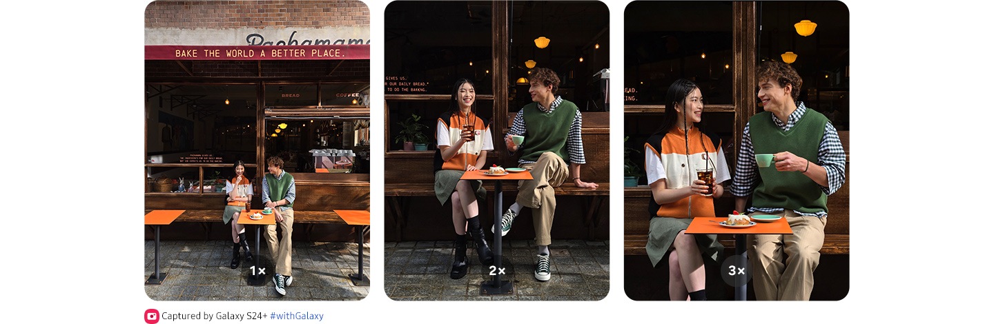 Uma foto com cores vibrantes de duas pessoas sentadas em frente a um café tirada com zoom de 1x. Uma foto com cores vibrantes de duas pessoas sentadas em frente a um café tirada com zoom de 2x. Uma foto com cores vibrantes de duas pessoas sentadas em frente a um café tirada com zoom de 3x.