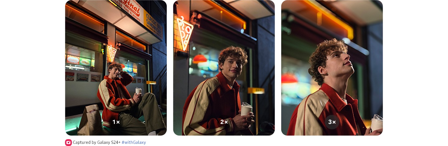 Uma foto de Nightography vívida e detalhada de um homem com zoom de 1x. Uma foto de Nightography vívida e detalhada de um homem com zoom de 2x. Uma foto de Nightography vívida e detalhada de um homem com zoom de 3x.