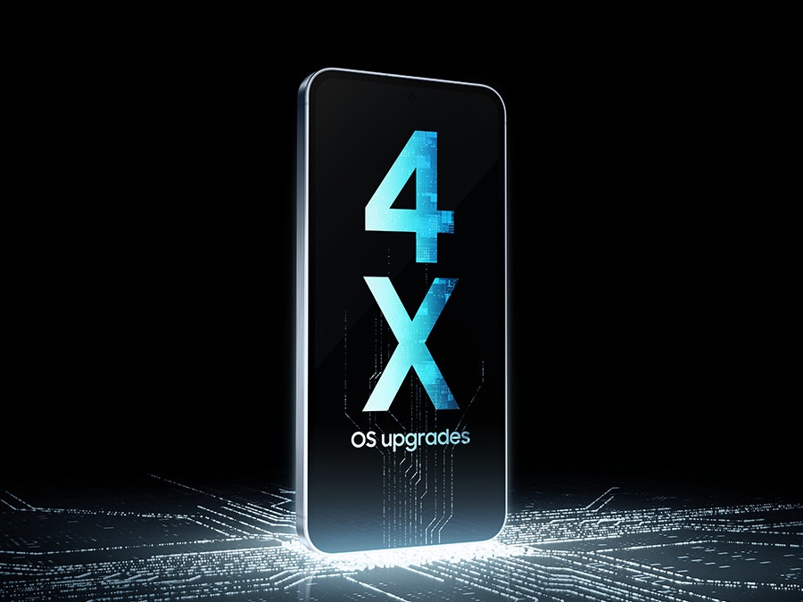 A Galaxy A55 5G device stands upright on top of a luminescent chip circuit that continues up the screen, which shows '4X upgrades'.