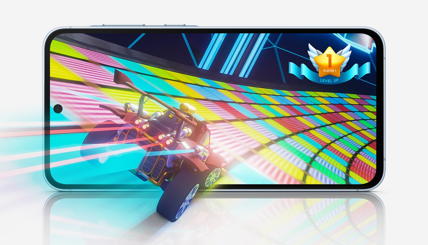 Um Galaxy A55 5G exibindo uma cena de jogo de corrida colorida e dinâmica com um veículo dirigindo em uma pista iluminada.