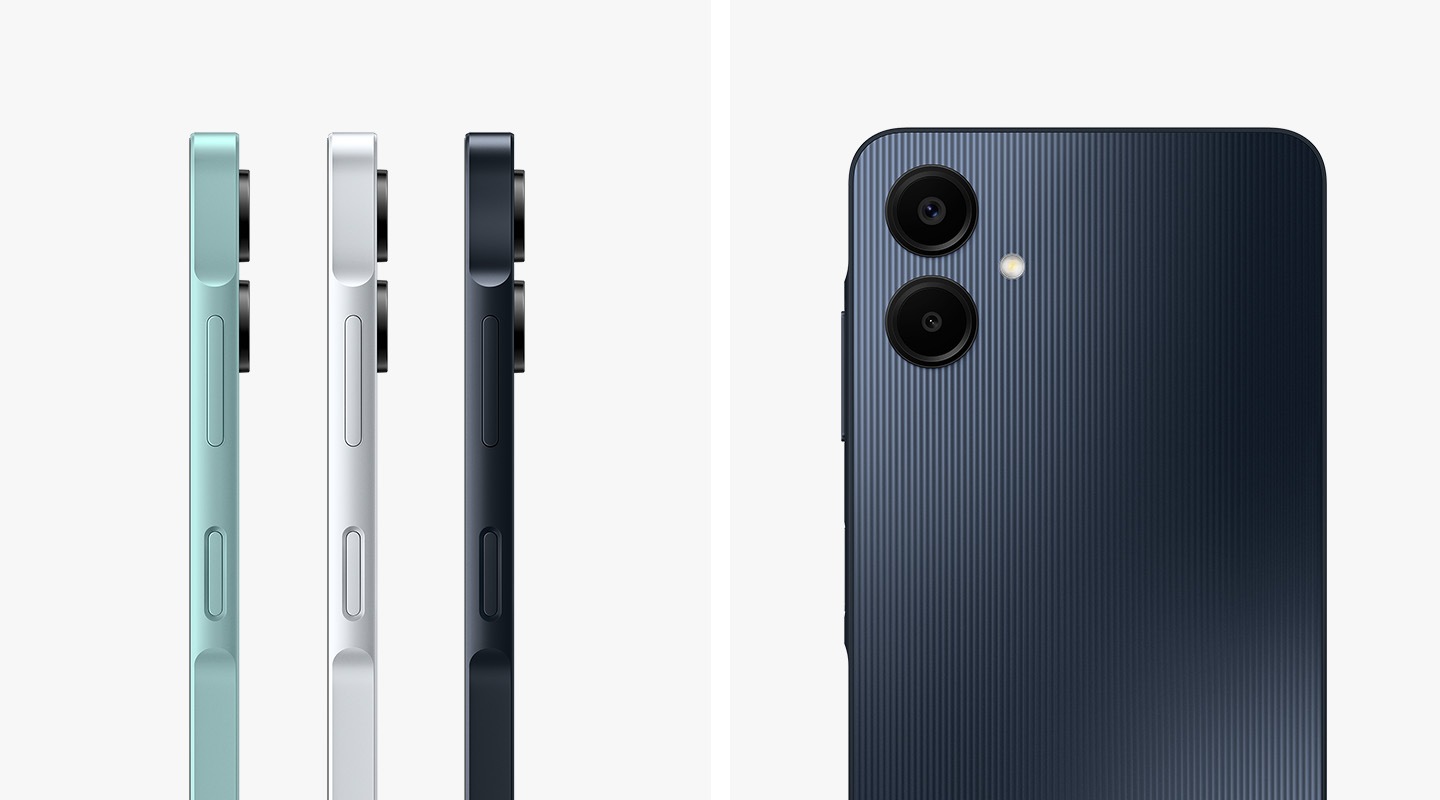 O perfil lateral de quatro Galaxy A06 em verde claro, branco e azul escuro é mostrado. A vista traseira de um Galaxy A06 preto também é mostrada, destacando a configuração de câmera dupla e o design mais fino em geral.