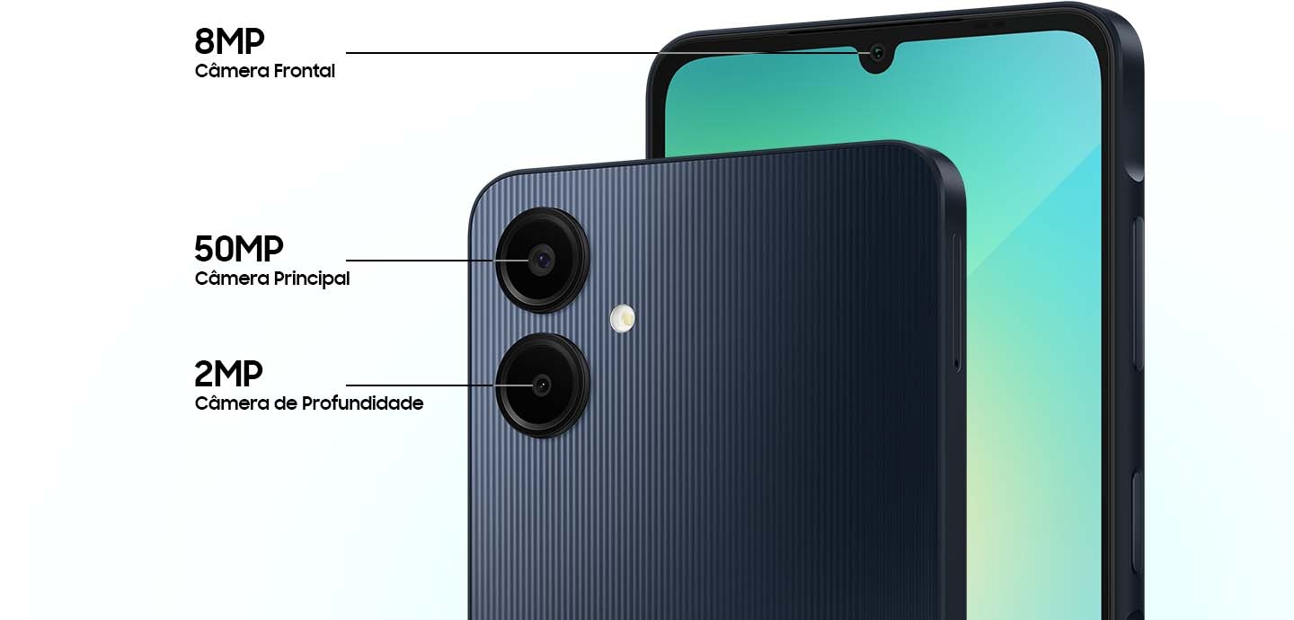 As especificações da câmera do Galaxy A06 são: “câmera frontal de 8 MP”, “câmera principal de 50 MP” e “câmera de profundidade de 2 MP”.