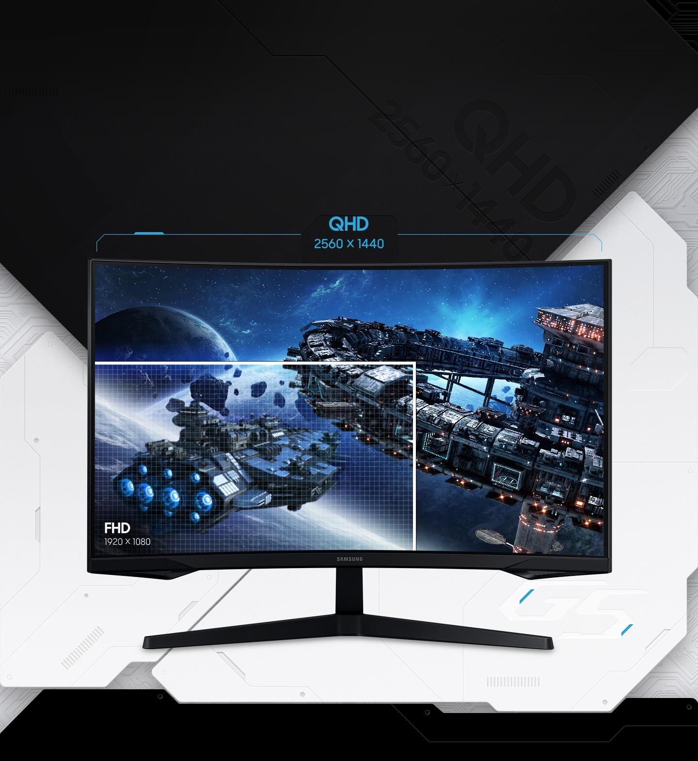 O monitor mostra a comparação da densidade de pixels entre a alta definição FHD de 1920x1080 pixels e a alta definição QHD de 2560x1440 pixels, dividindo a tela em duas regiões diferentes. A alta definição QHD mostra superfícies de naves e planetas mais ricas e detalhadas.