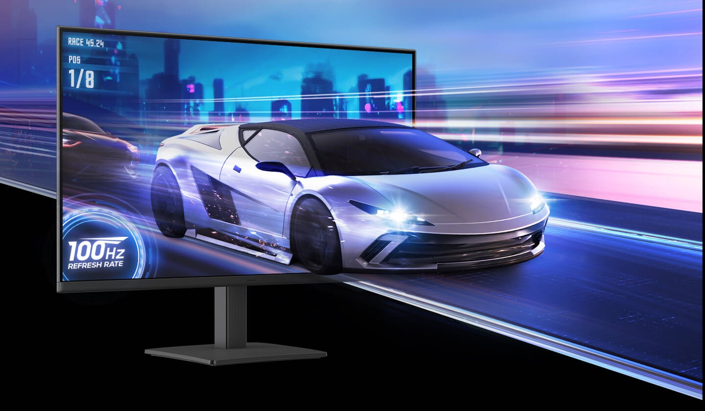 There is a racing car on a monitor representing the 100Hz refresh rate.