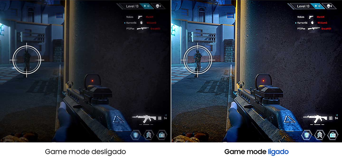The same game screen is being compared side by side. While the image on the left with Game Mode turned off is dark and the opposing enemy is hard to find, the enemy can be found easily in the image on the right with Game Mode turned on.