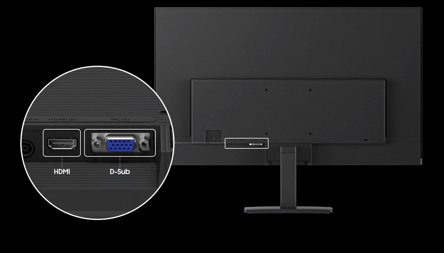 The back of the monitor is shown, and its doors are being closed. It has an HDMI and D-sub port.