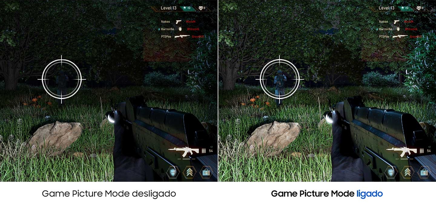 A mesma tela do jogo está sendo comparada lado a lado. Enquanto a imagem à esquerda com o Modo de Imagem do Jogo desativado está escura e o inimigo oposto é difícil de ser encontrado, o inimigo pode ser encontrado facilmente na imagem à direita com o Modo de Imagem do Jogo ativado.