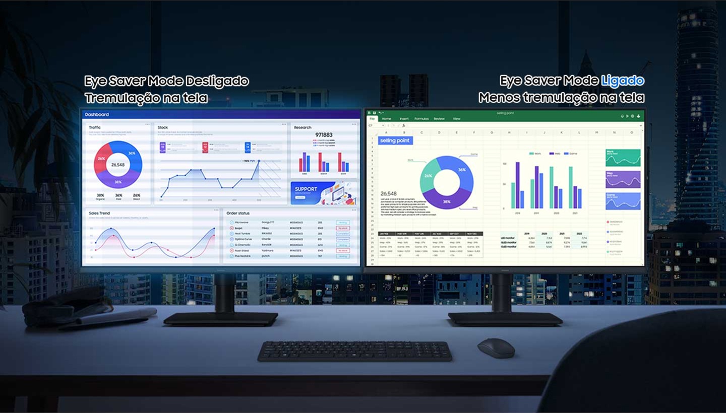 Há dois monitores; o que está à esquerda oscila e emite luz azul, uma vez que o Eye Saver Mode está desligado. O monitor à direita oscila menos e não emite luz azul, pois o Eye Saver Mode está ativado.