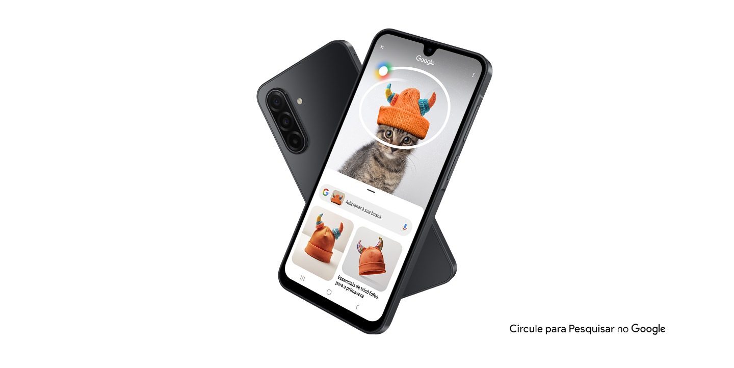 Dois dispositivos Galaxy A17 5G formando um formato de X. O da parte de trás mostra a visão traseira. O da frente exibe na tela o recurso Circle to Search. O texto Circle to Search with Google está na parte inferior.