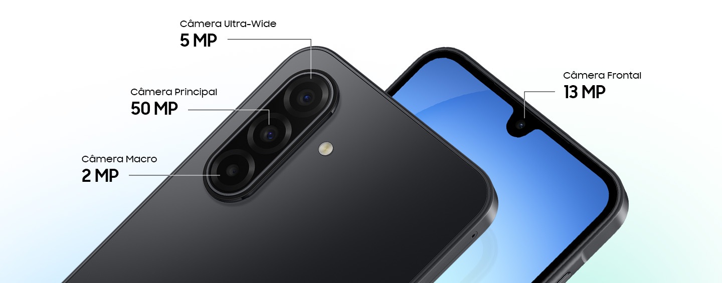 Dois dispositivos Galaxy A17 5G. Um visto por trás, mostrando a Câmera Ultra Wide de 5 MP, a Câmera Principal de 50 MP e a Câmera Macro de 2 MP. O outro visto de frente, destacando a Câmera Frontal de 13 MP.