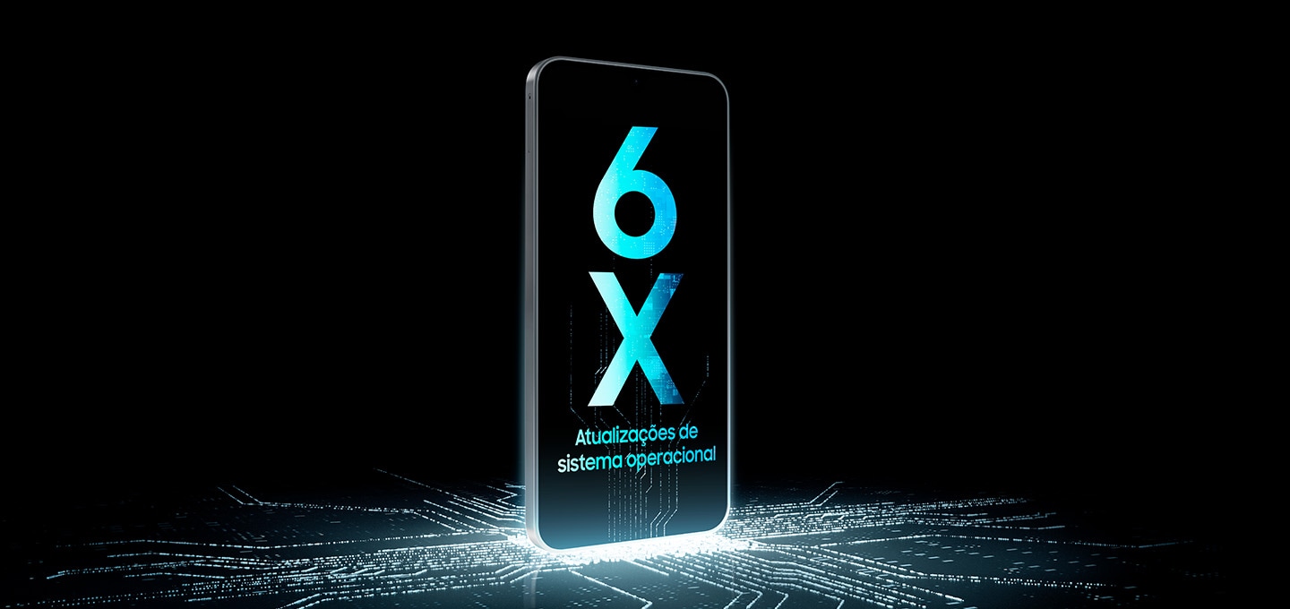 Galaxy A17 em pé sobre um circuito iluminado, que continua pela tela exibindo o texto “6X Atualizações de Sistema Operacional”.
