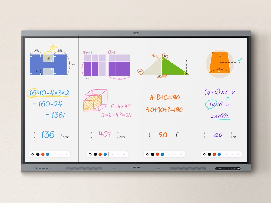 A aplicação de notas em ecrã dividido mostra quatro painéis de quadro branco com problemas matemáticos, cada um em cores diferentes para o trabalho colaborativo dos alunos.