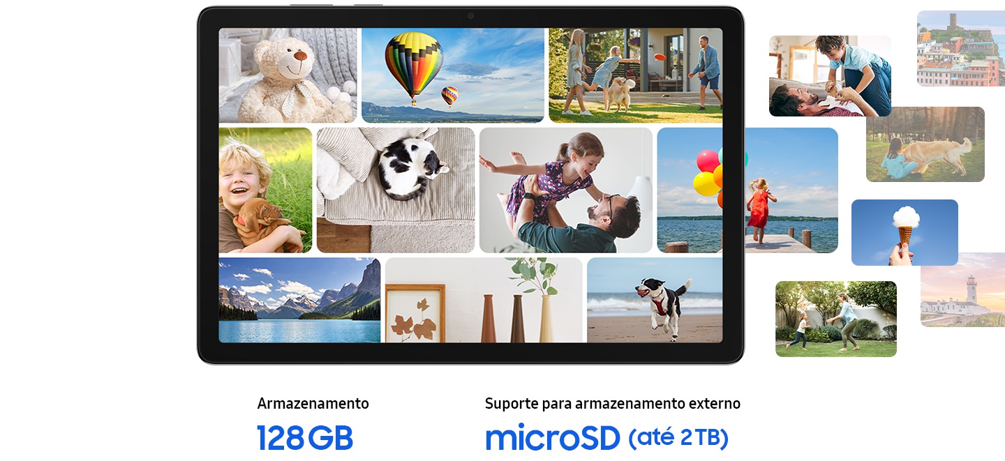 Uma colagem de fotografias é exibida em três linhas horizontais na tela do Galaxy Tab A11+. Algumas fotos se estendem além da moldura do tablet. As fotos retratam momentos em família, incluindo animais de estimação e viagens. Abaixo do tablet e das fotos, o texto indica informações de armazenamento: “Armazenamento: até 256 GB” “Suporte para armazenamento externo: microSD (até 2 TB)”.