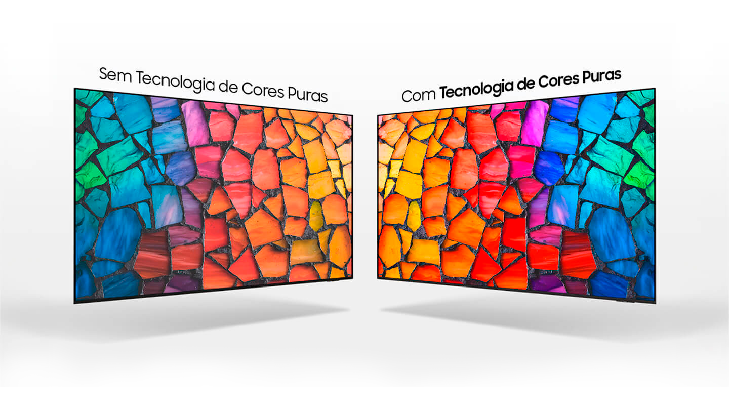 Duas TVs são exibidas lado a lado. A TV com a etiqueta “Sem Pure Spectrum Color” aparece com cores apagadas e dessaturadas, enquanto a TV com a etiqueta “Com Pure Spectrum Color” exibe a mesma imagem em mosaico com cores mais ricas e vibrantes e contraste aprimorado.