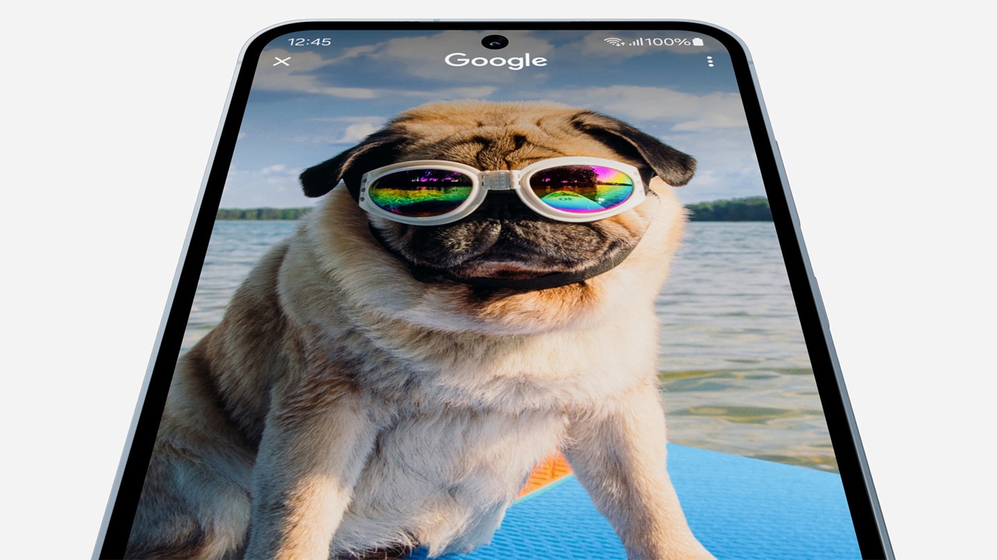 Um dispositivo Galaxy A55 5G mostrando um cachorro usando &oacute;culos de sol na tela se move para o centro do enquadramento enquanto os &oacute;culos de sol s&atilde;o circulados para revelar os resultados da pesquisa do Google para &oacute;culos de sol, que surgem na parte inferior. 