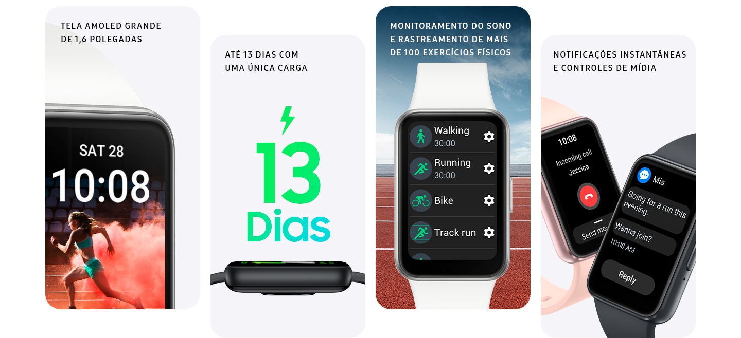 Vemos quatro blocos, cada um mostrando um recurso diferente do Galaxy Fit3. Um com a tela em close-up, outro mostrando a lateral do dispositivo com o texto ""13 dias"", outro mostrando uma lista de modos de exercício e o último com dois dispositivos Galaxy Fit3, um deles exibindo uma chamada recebida e o outro, um bate-papo por mensagem de texto.