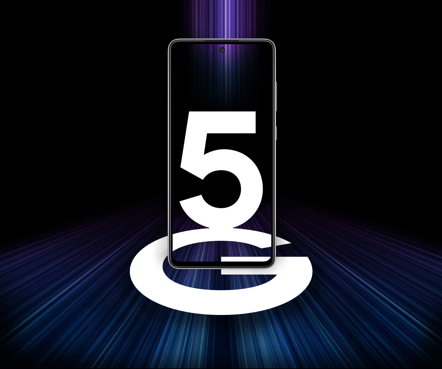 Vista frontal do Galaxy A52 5G com a palavra 5G no display. Faixas coloridas de luz o cercam para representar velocidades rpidas de 5G.