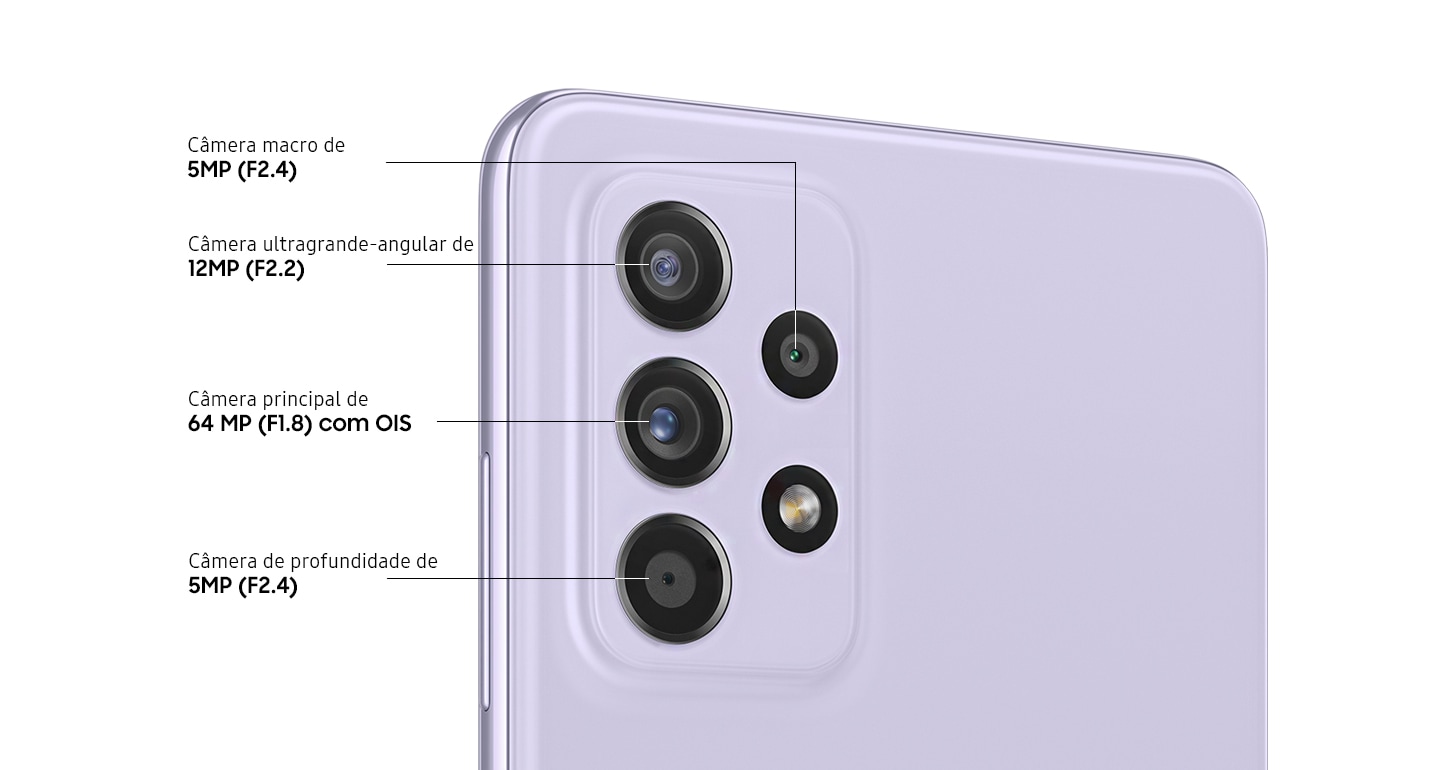 Imagem posterior de perto da câmera quádrupla avançada no modelo violeta Incrível, mostrando a câmera principal de 64 MP com Estabilizador Óptico (OIS), a câmera ultragrande-angular de 12 MP, a câmera de profundidade de 5 MP e a câmera macro de 5 MP.