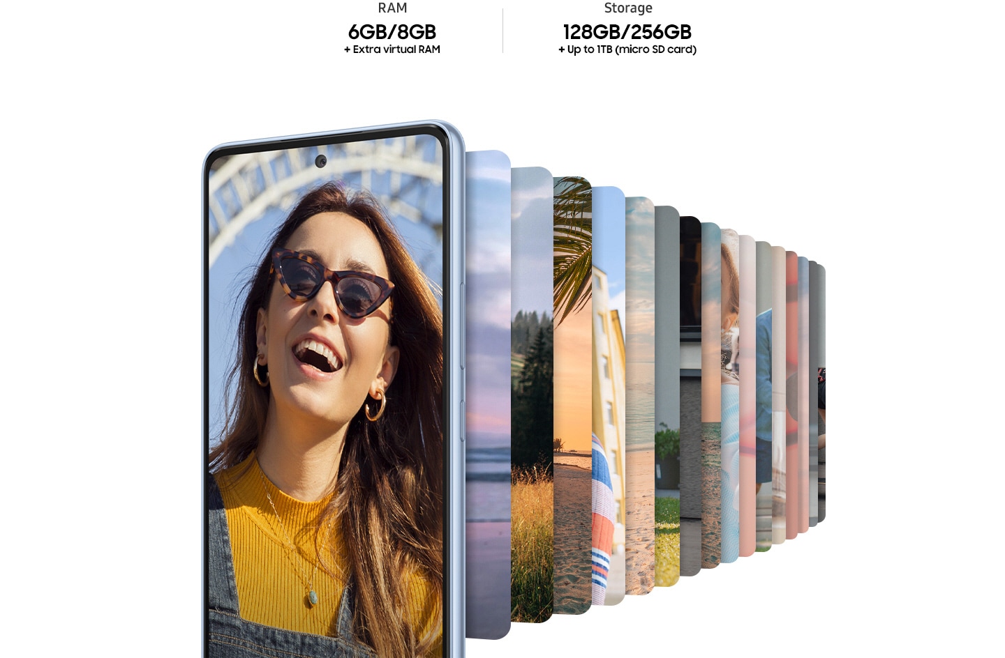 Galaxy A53 5G seen from the front, displaying an image of a woman in sunglasses, smiling. Behind the smartphone are numerous pictures in the smartphone shape, lined up and showing various landscape environments. Text reads RAM 6GB +Extra virtual RAM and Storage 128GB +Up to 1TB (Micro SD card).
