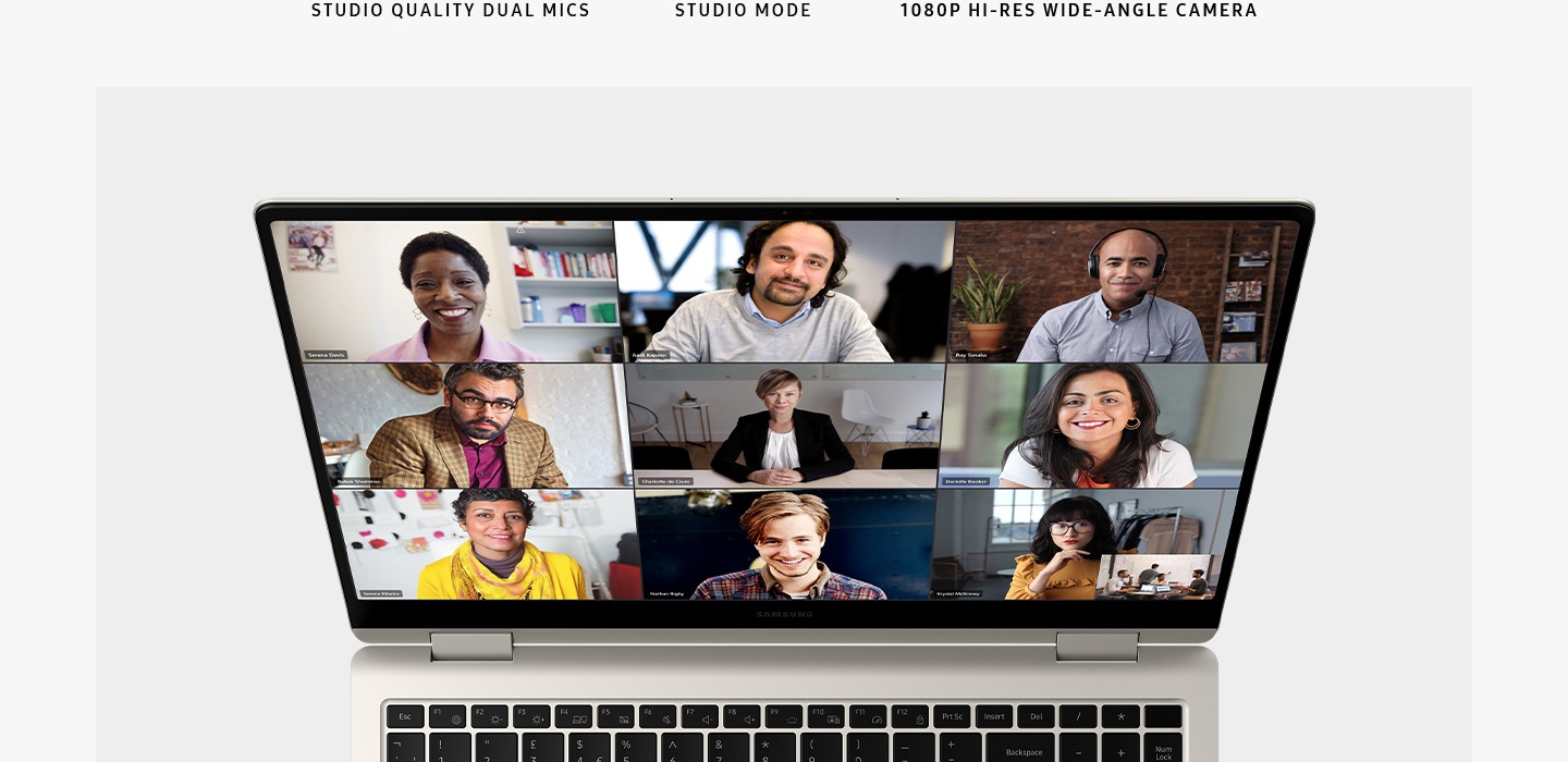 A top view of a beige-coloured Galaxy Book3 Pro 360, opened and facing forward with Microsoft Teams application opened onscreen and several people shown in a video call. "2 STUDIO QUALITY MICS. STUDIO MODE. 1080P HI-RES WIDE-ANGLE CAMERA."